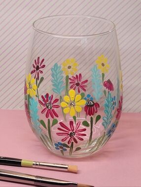 Hand-Painted Spring Floral Stemless Wine Glass - Pink, Yellow & Teal